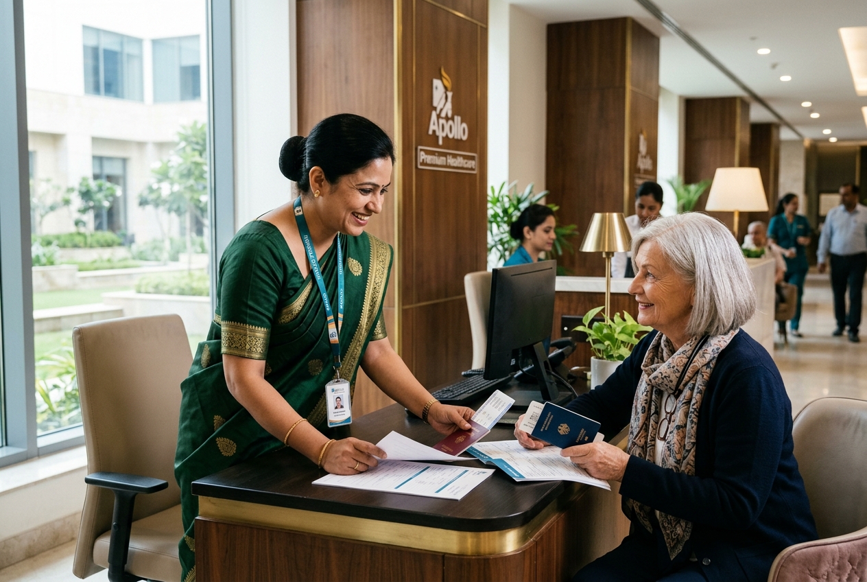 An Indian patient-care coordinator warmly welcoming an international patient at a premium modern hospital reception
