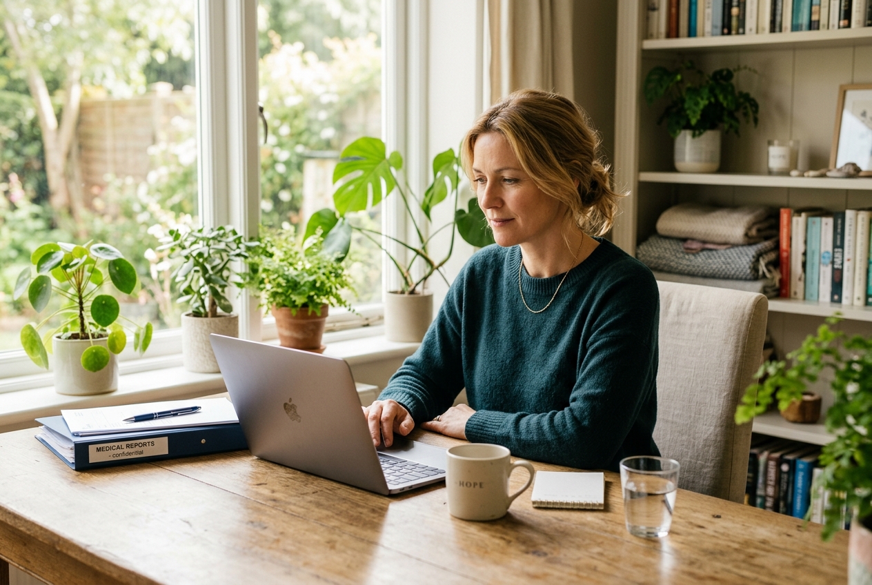 An international patient completing a medical enquiry at home