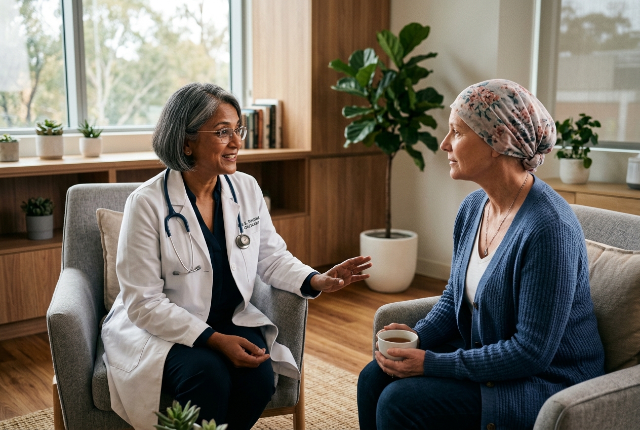 A senior Indian oncologist speaking compassionately with an international patient in a calm cancer-care lounge