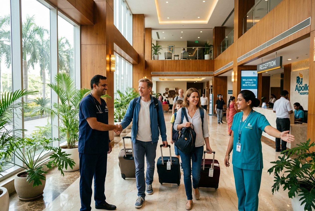 An Indian healthcare team warmly welcoming an international family into a bright modern hospital lobby