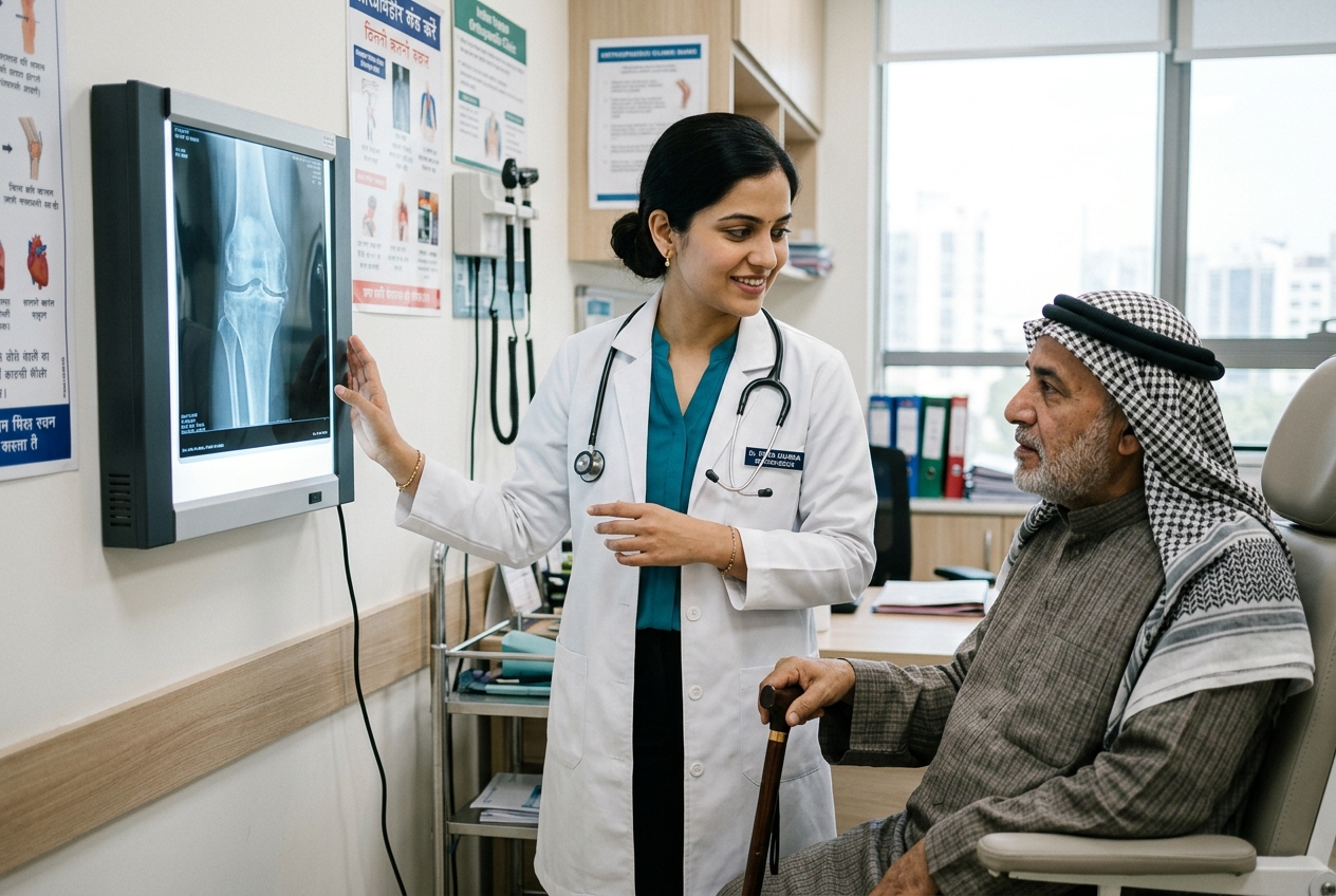 A young Indian orthopaedic specialist explaining a knee X-ray to an older international patient