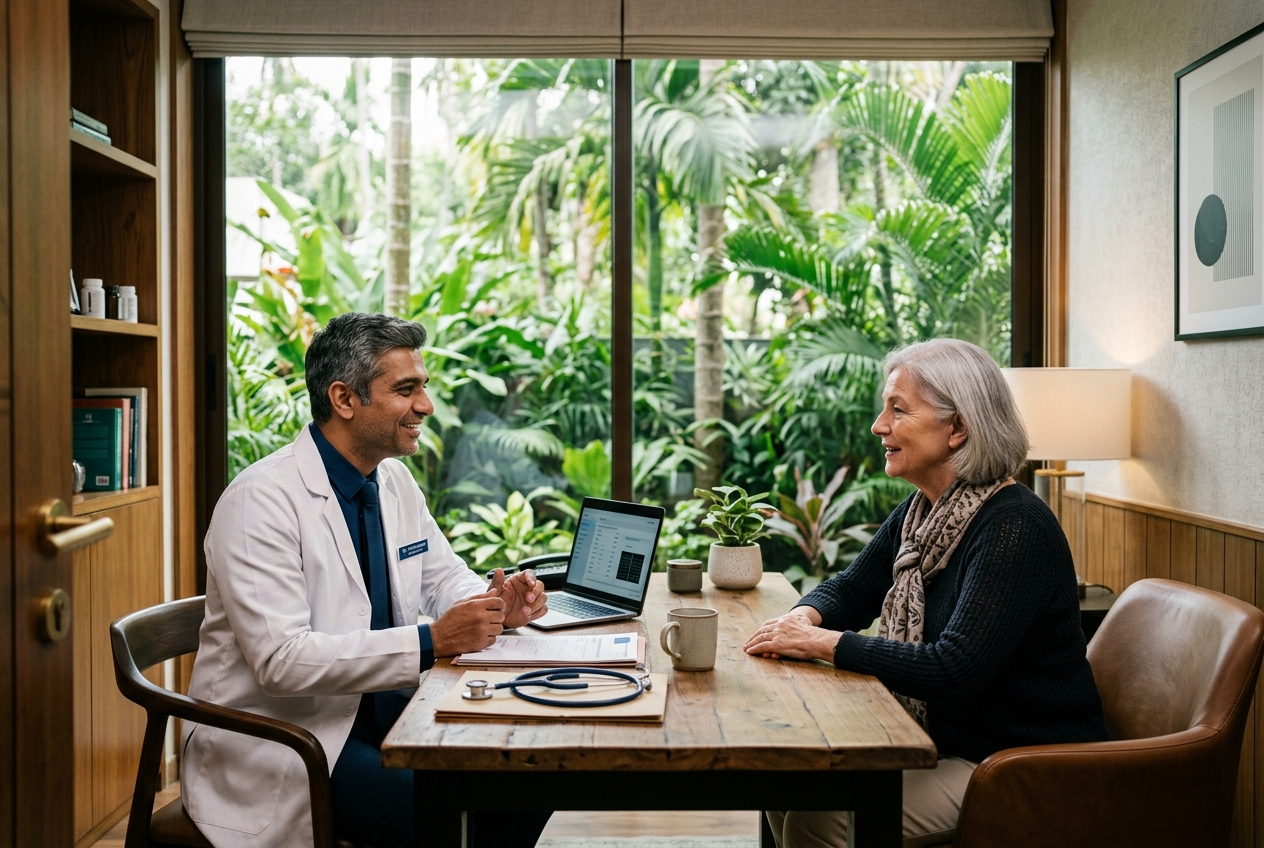 An experienced Indian doctor warmly consulting an international patient in a sophisticated modern clinic with tropical greenery outside