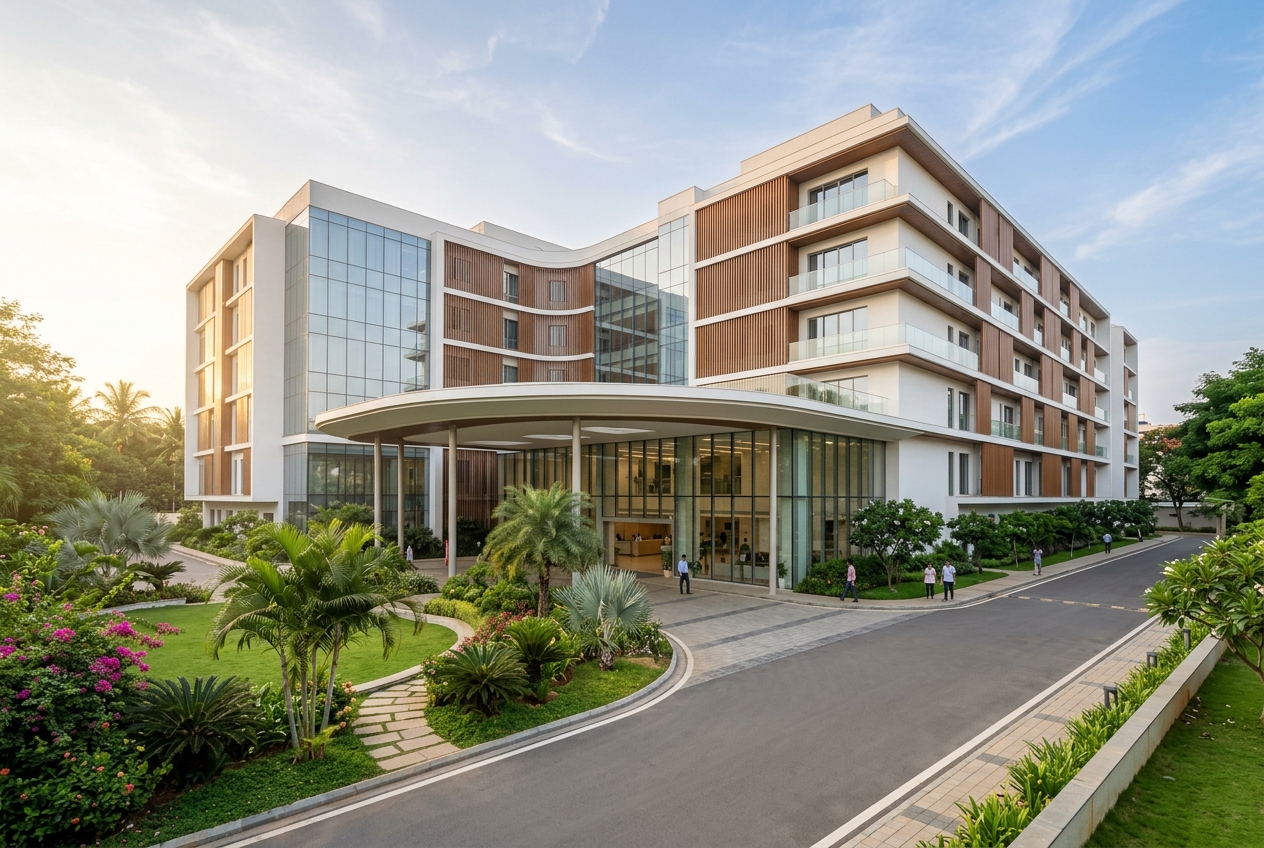 Modern hospital building with a glass facade and tropical landscaping in Kerala