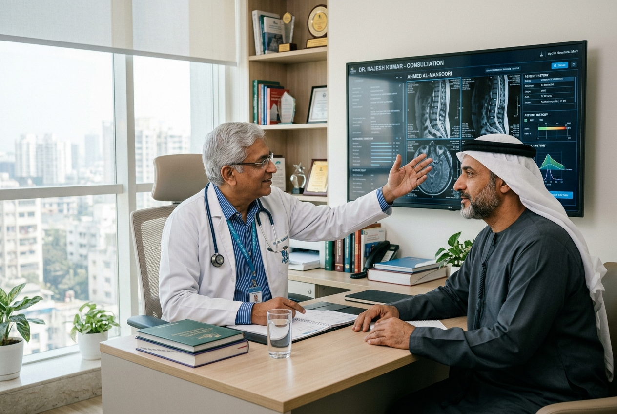 An Indian senior specialist reviewing digital medical reports with an international patient
