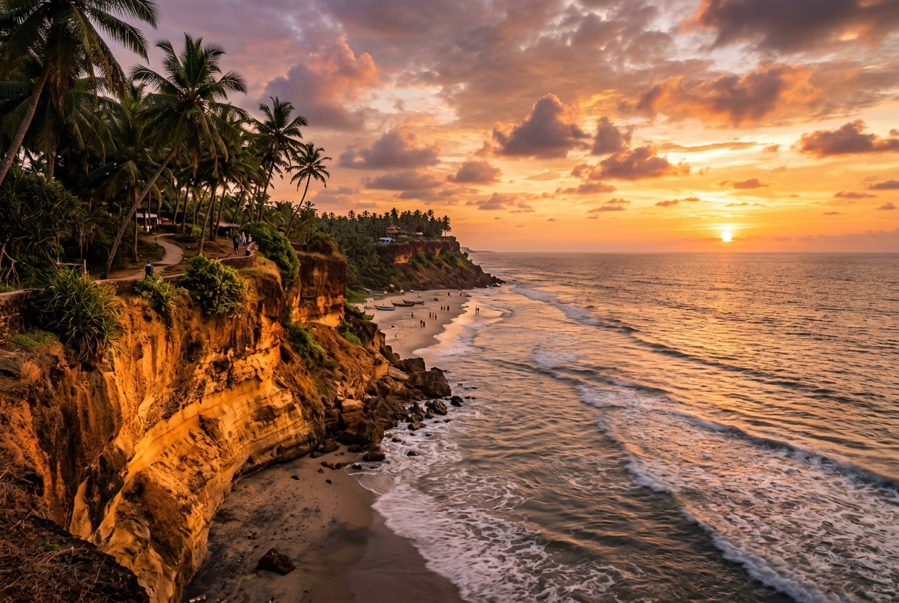 Golden sunset over dramatic coastal cliffs and the Arabian Sea in Kerala