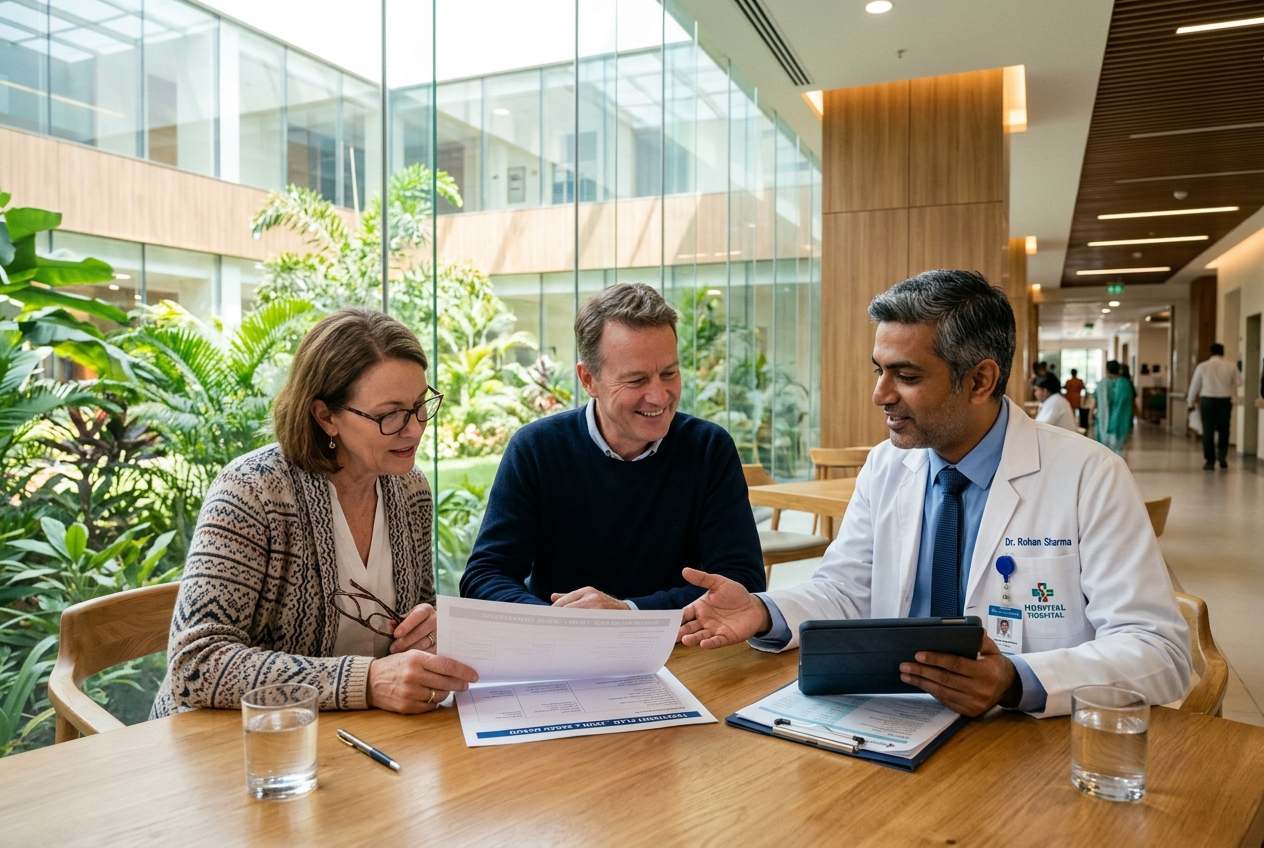 An Indian doctor and an international couple reviewing a treatment plan