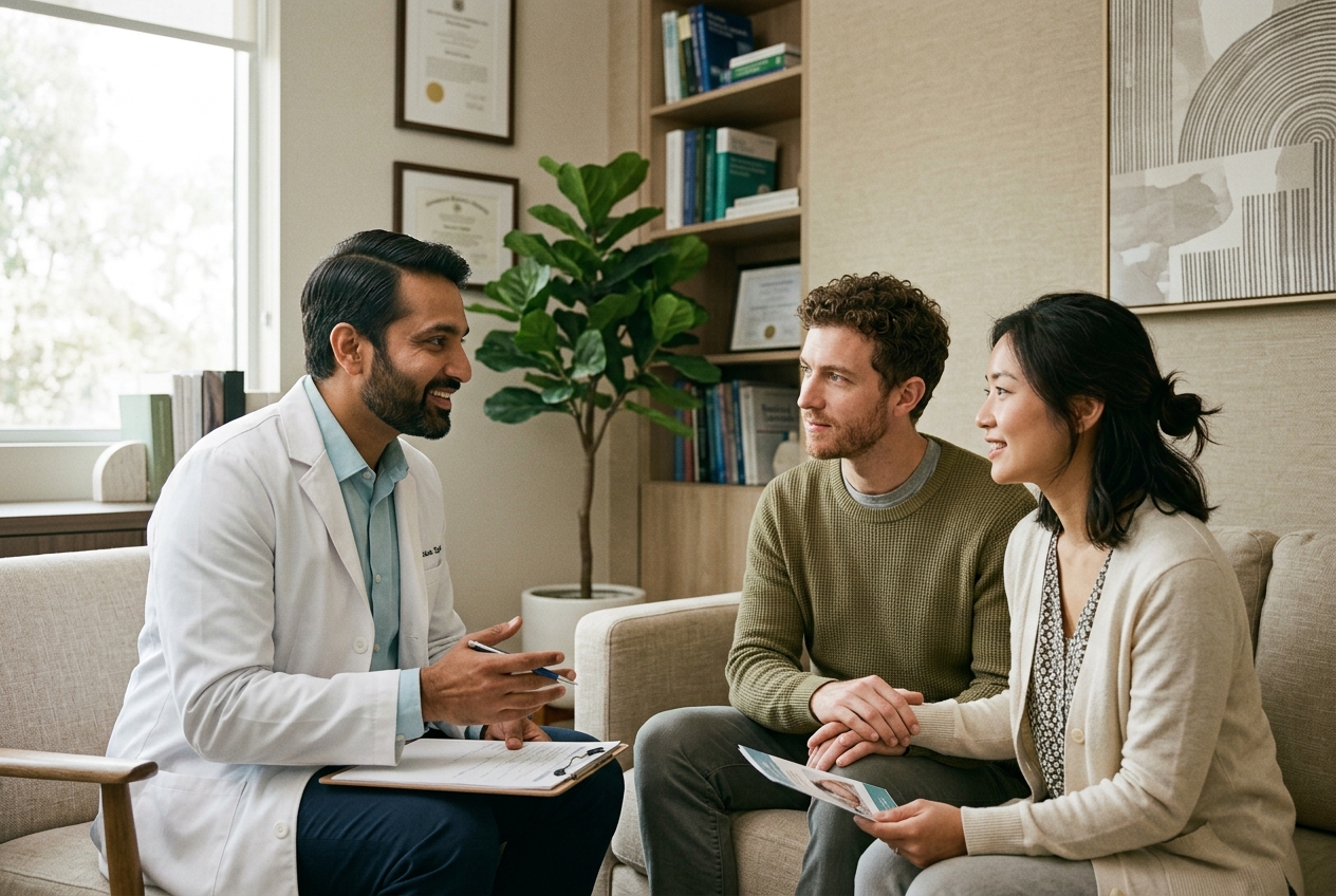 An Indian fertility specialist consulting with an international couple in a premium clinic