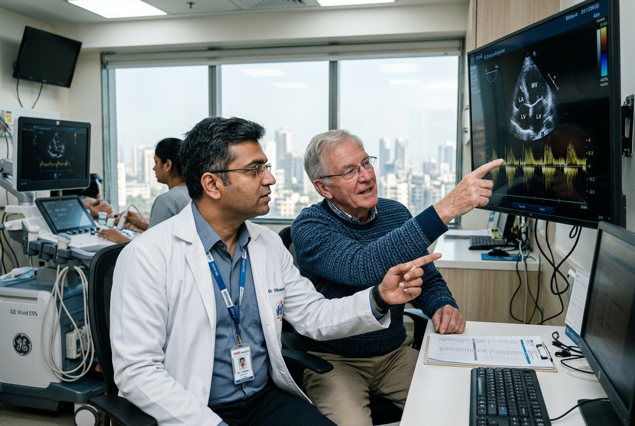An Indian cardiologist reviewing a live echocardiogram on a large monitor with an older international patient