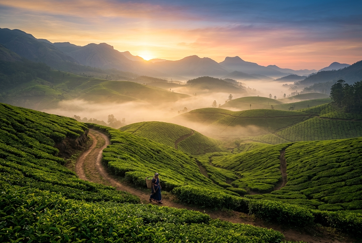 Golden sunrise over mist-covered tea plantations in the Kerala highlands