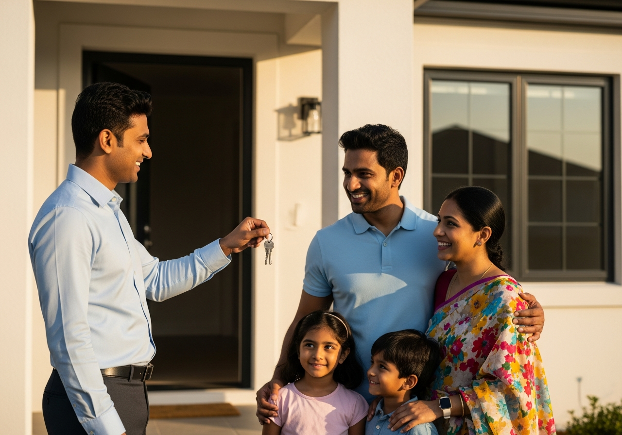 Happy family receiving home keys