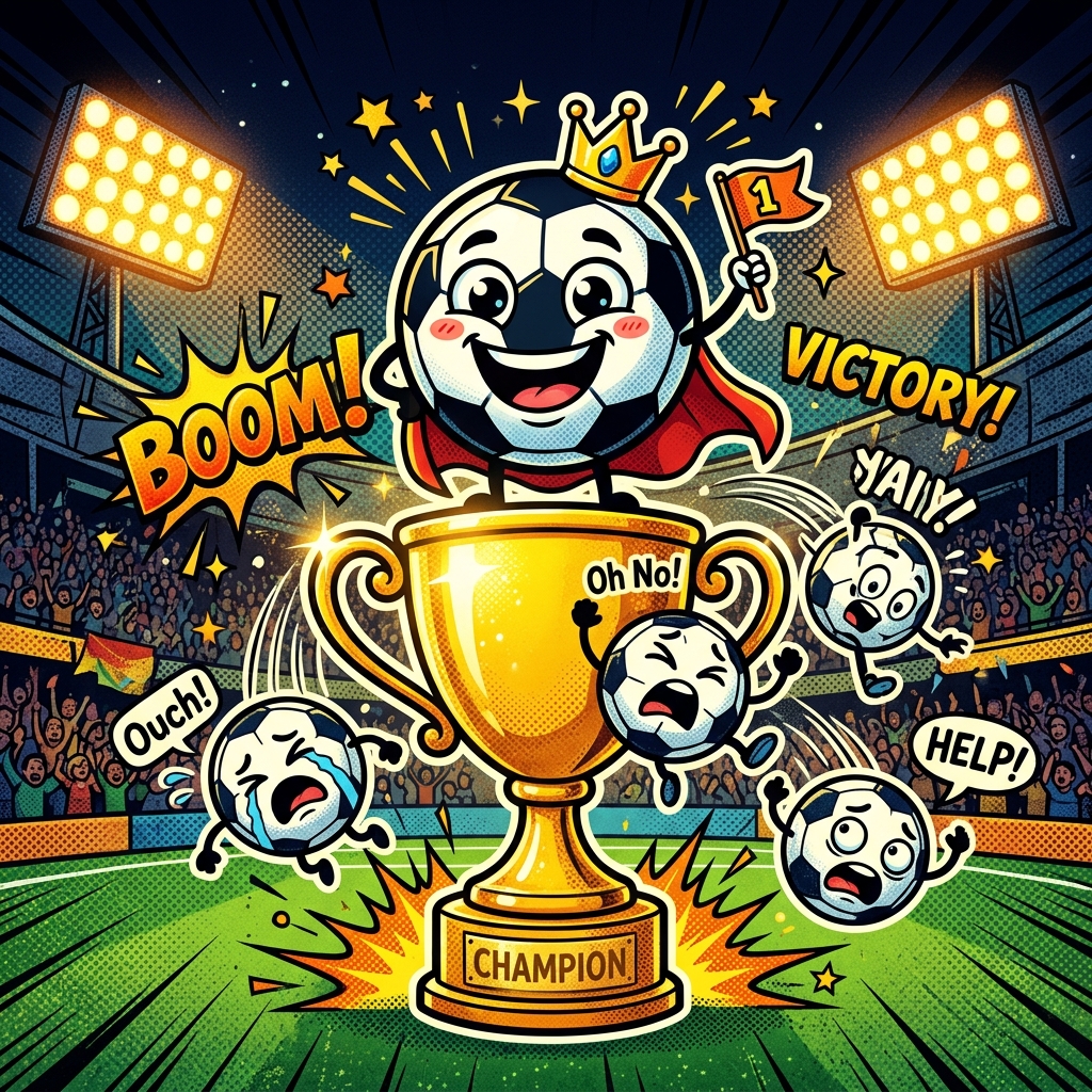 Cartoon football standing victorious on a trophy