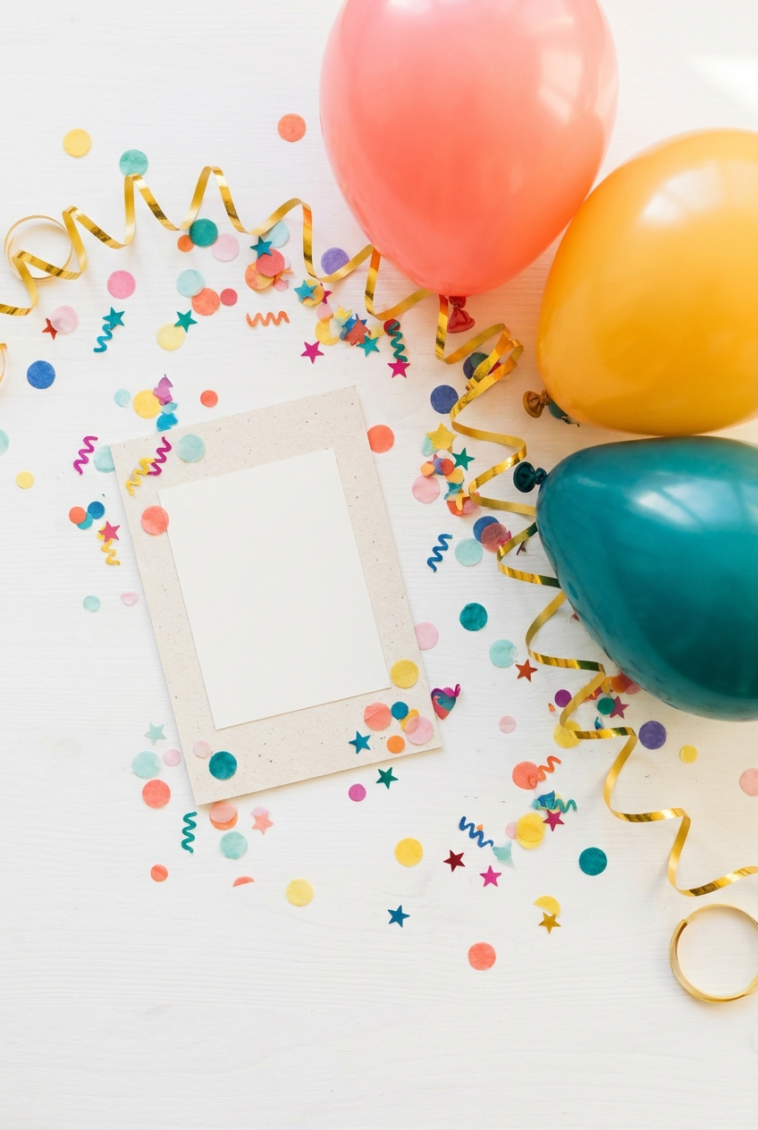 Party table with confetti and balloons