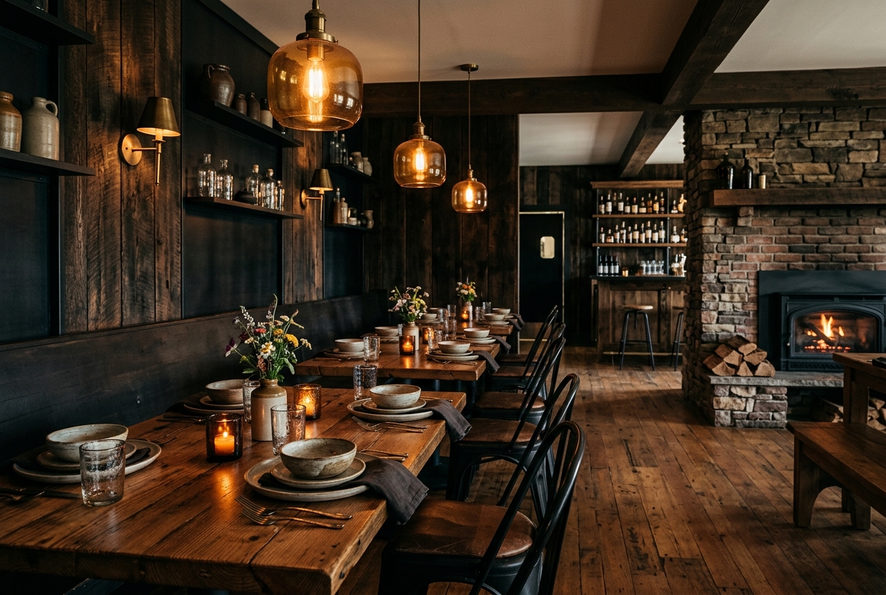 Warm rustic farmhouse restaurant interior