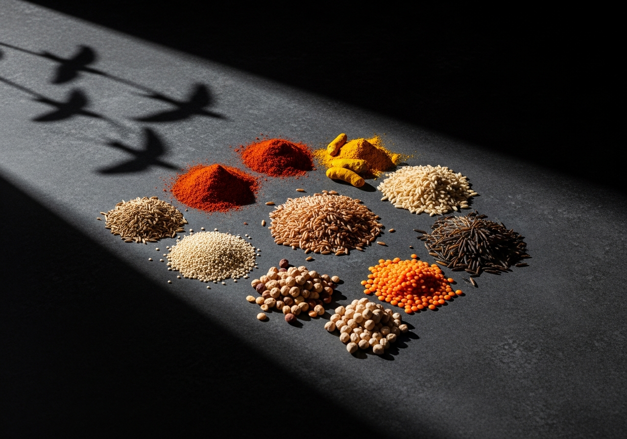 Premium spices in metal bowls, evoking the global journey of Parinde Foods