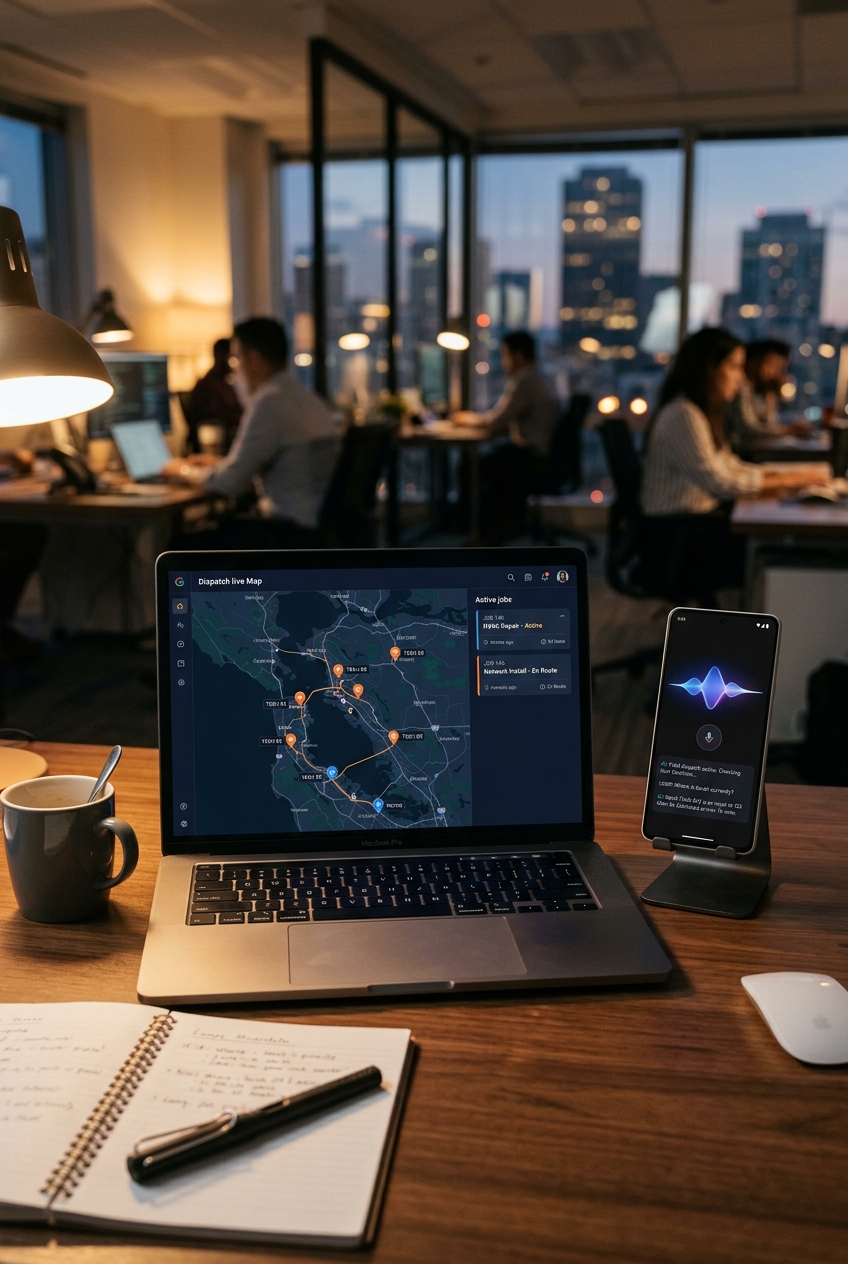 Laptop showing live dispatch map with technician locations and a phone showing the AI voice assistant