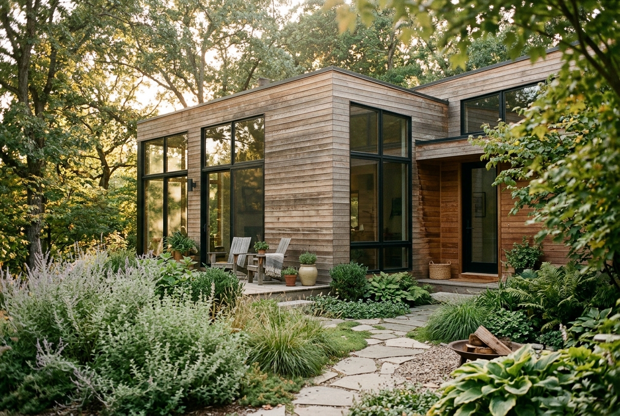 A modern home in late afternoon light