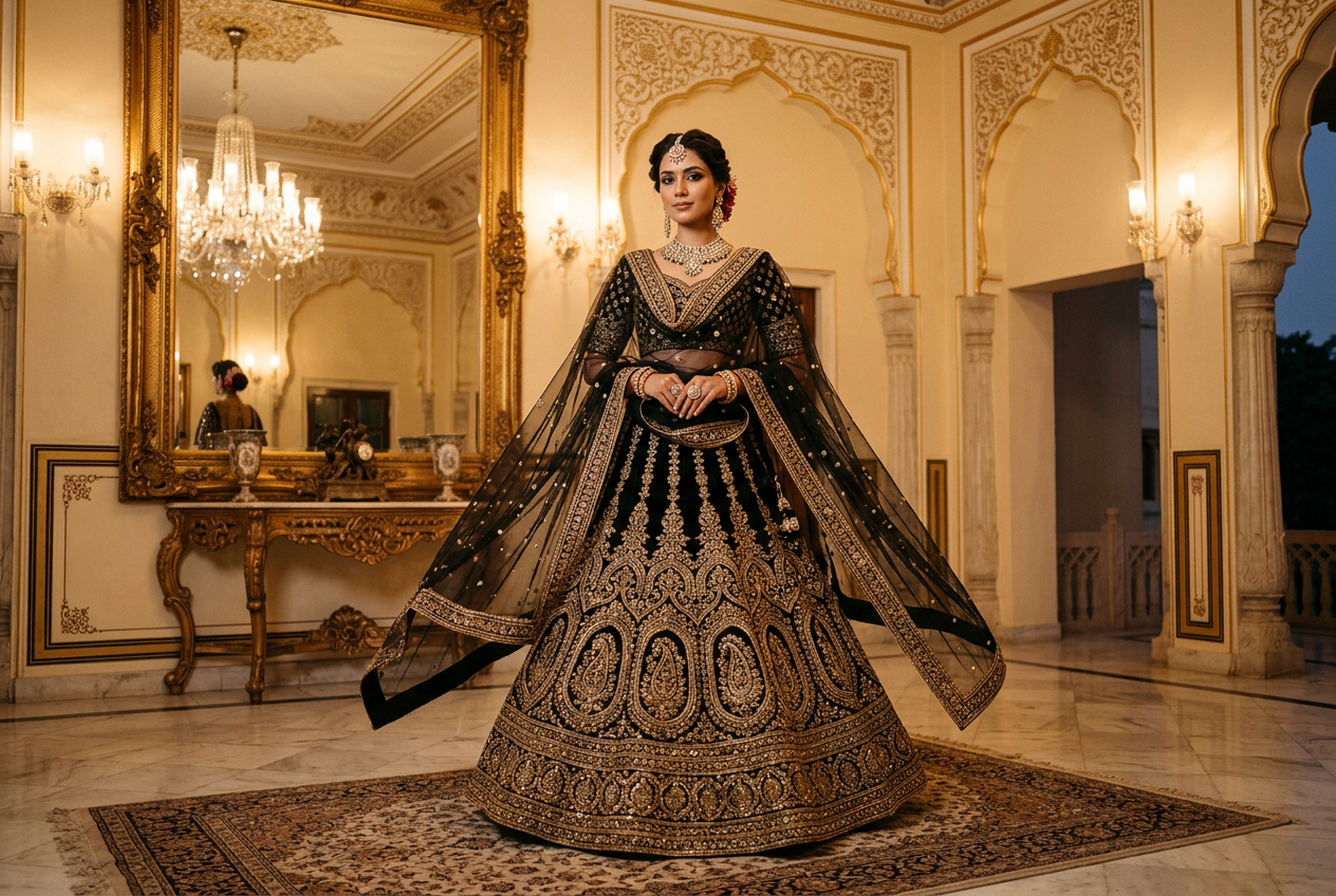 Luxury South Asian bridal fashion in a palace interior
