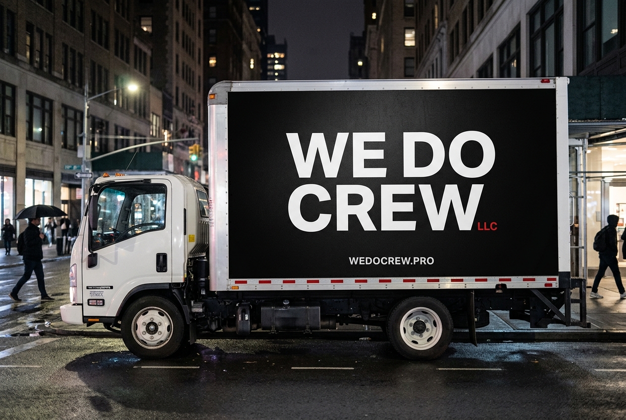WE DO CREW 16ft box truck on a city street at night