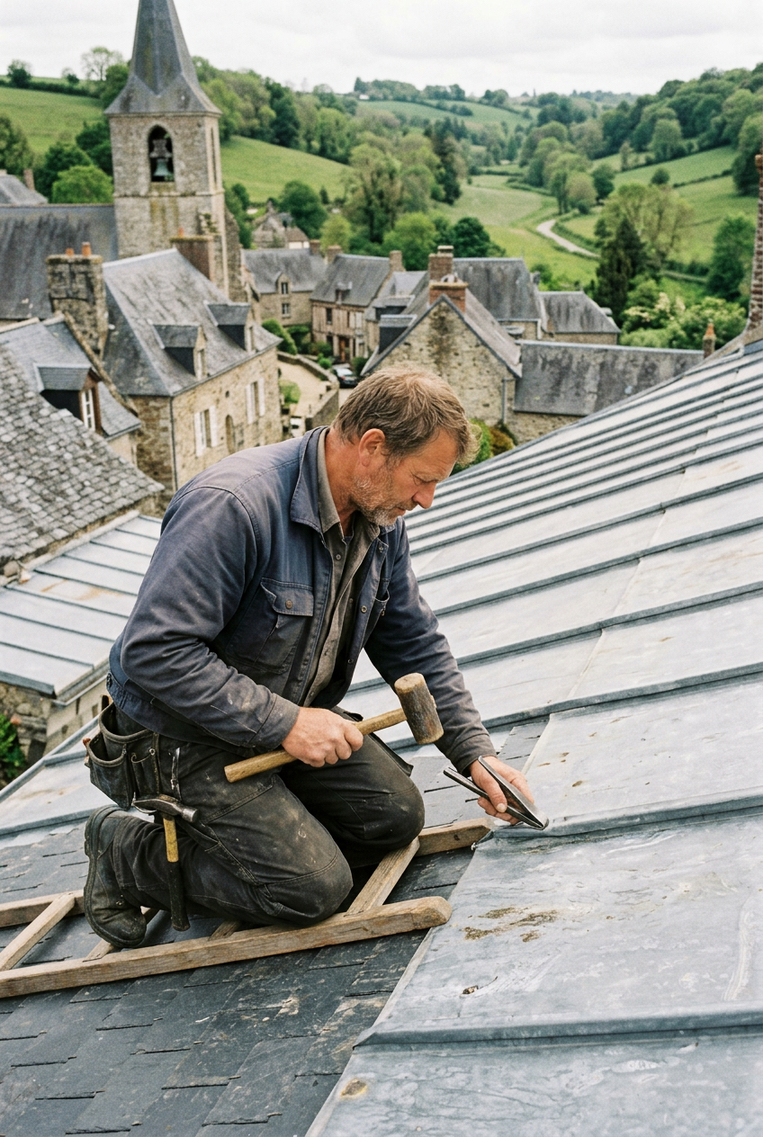 Alexis Mazy au travail sur une toiture