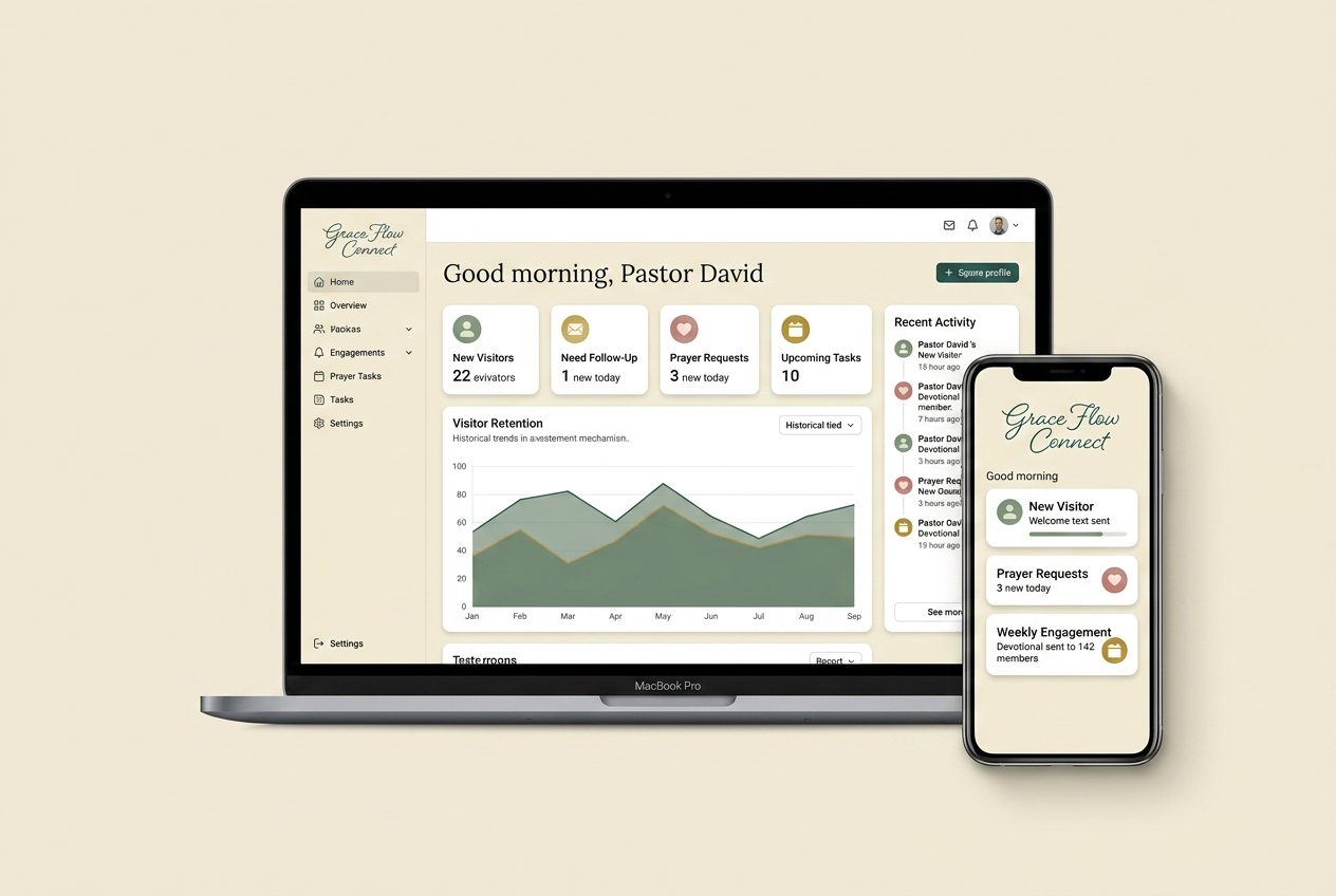 Grace Flow Connect dashboard on a laptop and the app on a phone