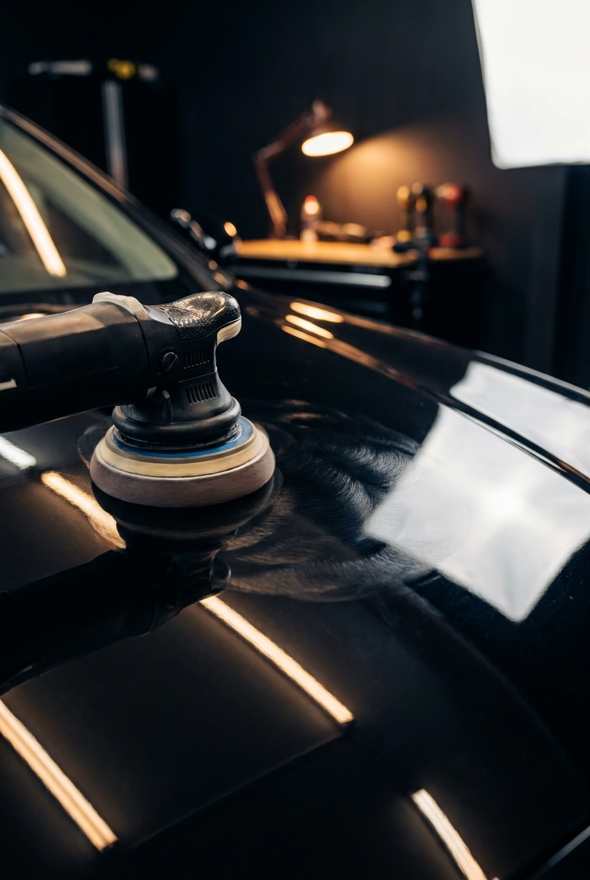 Lackkorrektur an dunklem Fahrzeug mit Poliermaschine