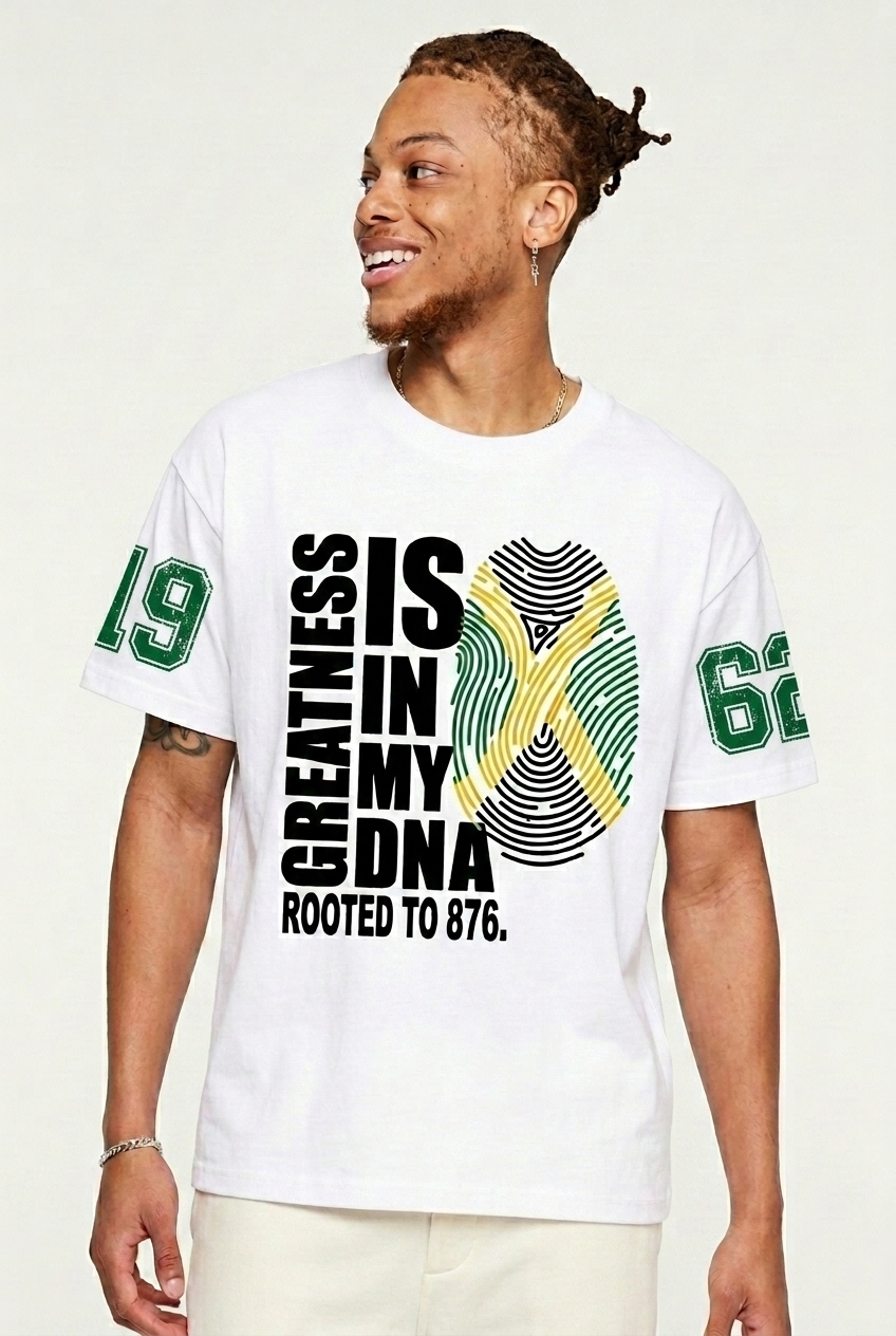 Greatness Is In My DNA Oversized Tee — White on body