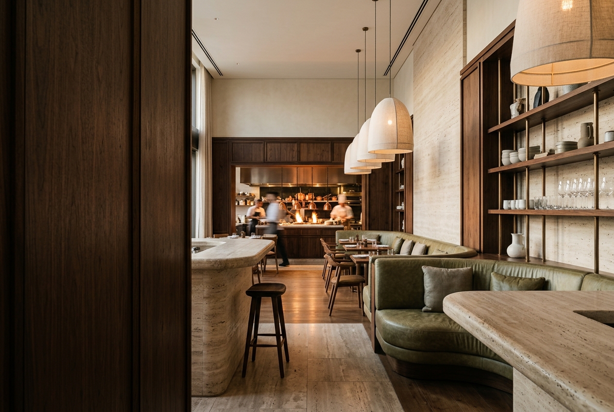 Warm hospitality interior with bespoke timber joinery and stone bar