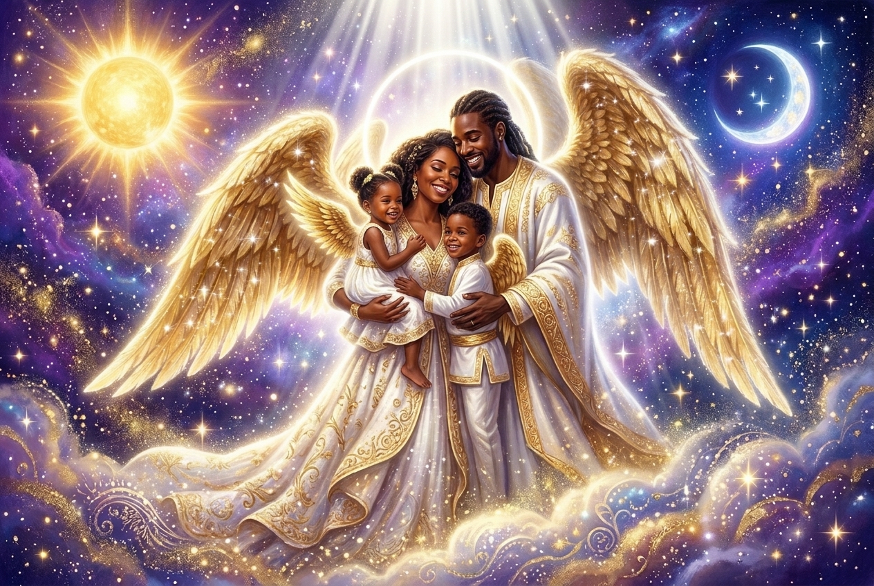 Black family with golden angel wings under the sun, moon and stars in a purple and blue sky
