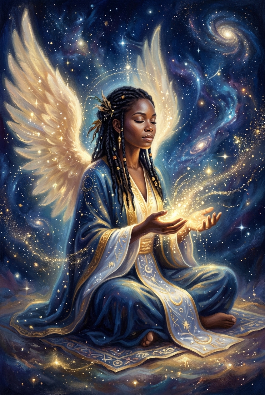 Healer with golden wings holding light