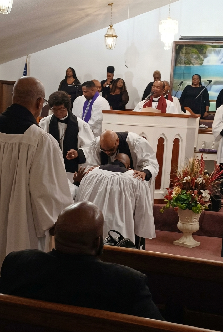 Laying on of hands during a revival service