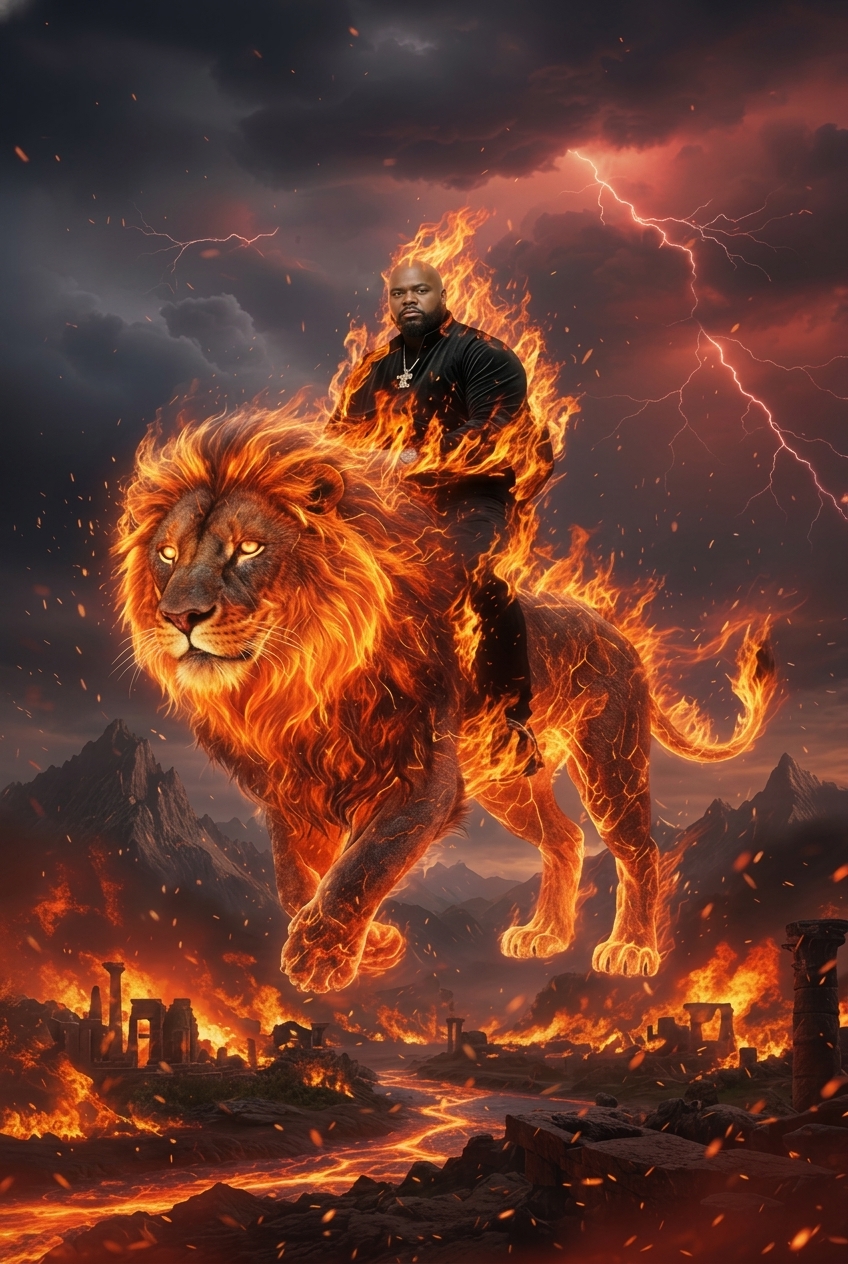 Charles McKuhn riding a lion of fire — prophetic imagery