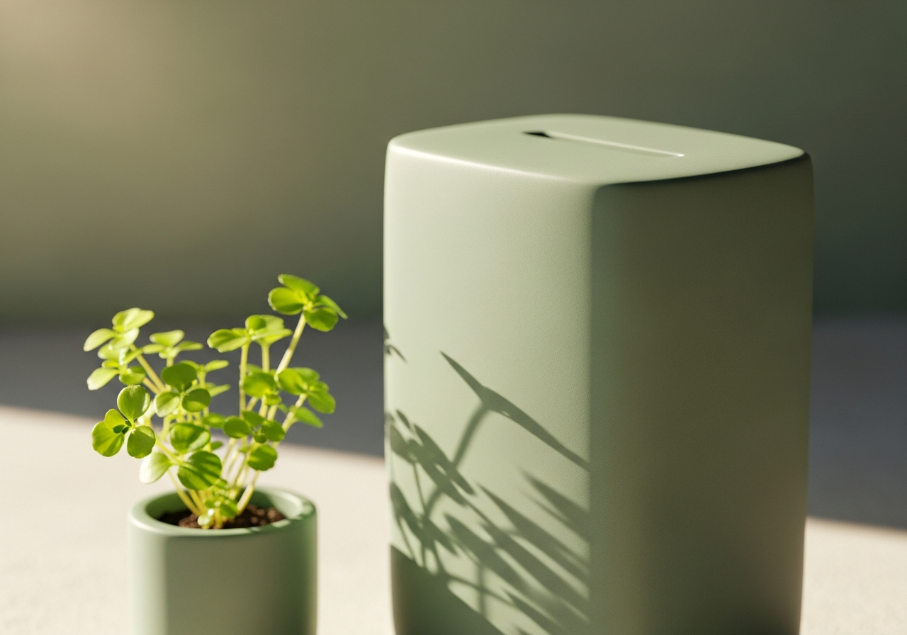 Coin bank with growing plant symbolizing savings