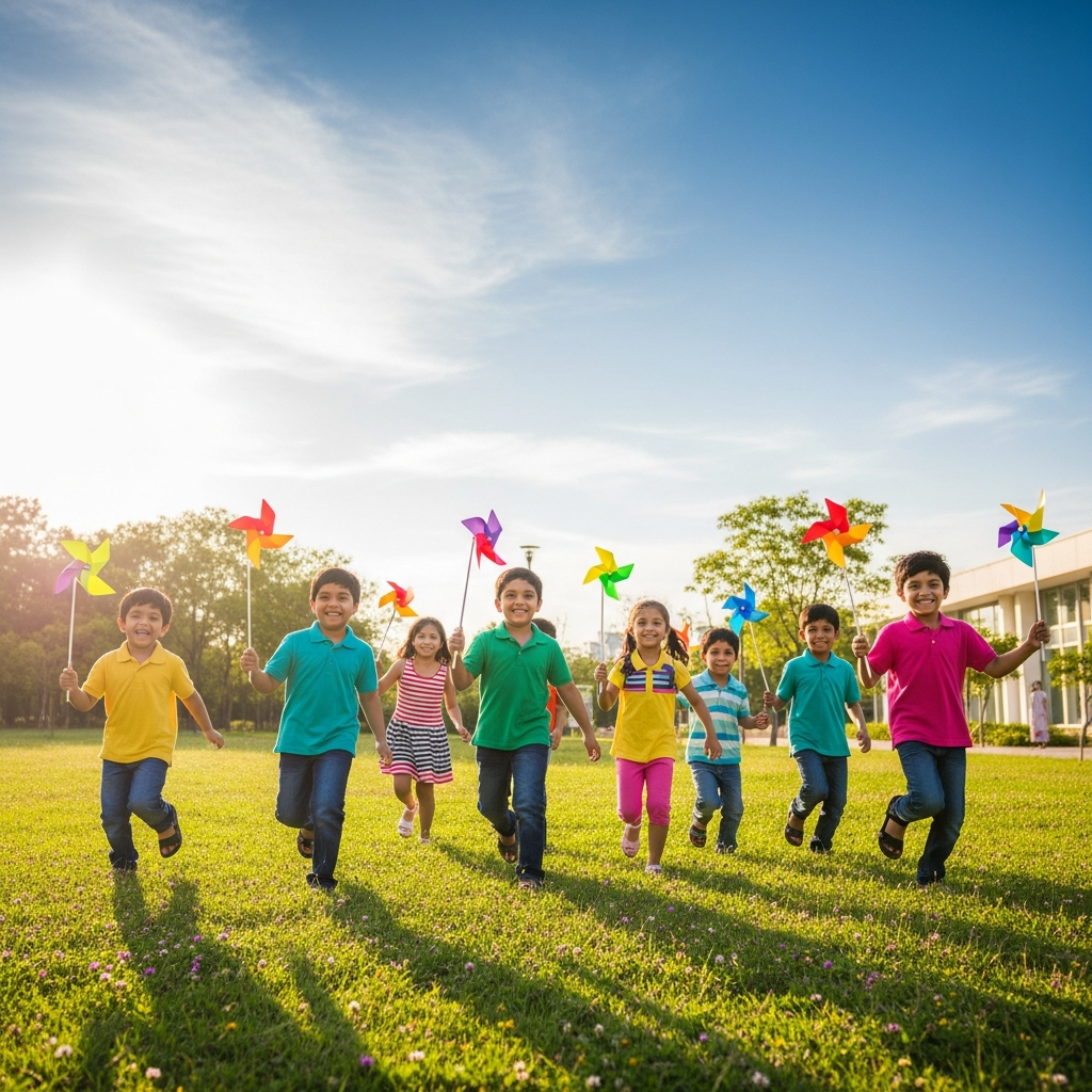 Happy diverse Indian children running with colorful pinwheels in bright sunlight