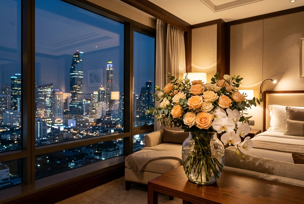A bouquet of roses in a hotel room overlooking Bangkok at night — flowers to a Bangkok hotel