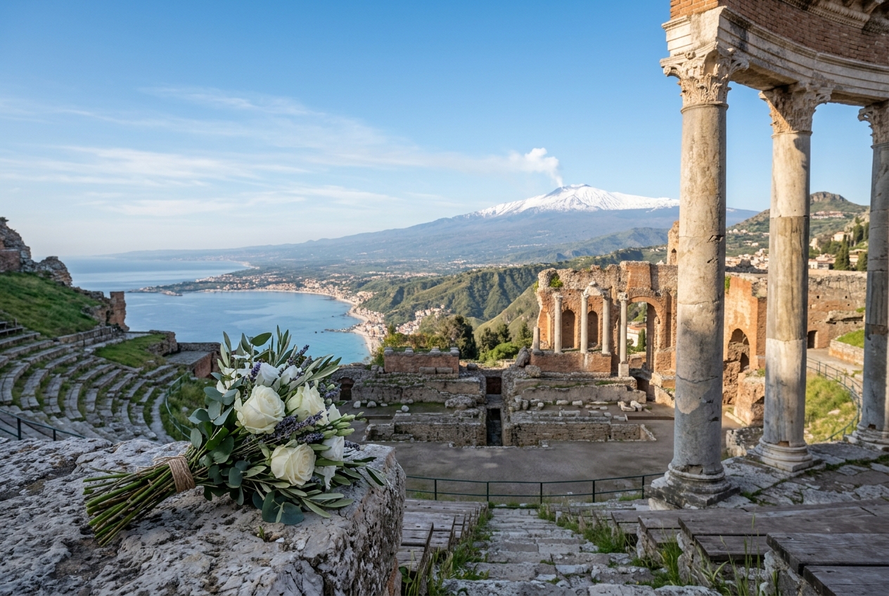 Taormina's Greek theatre with a view of Etna and a bouquet of white roses — a proposal in Sicily