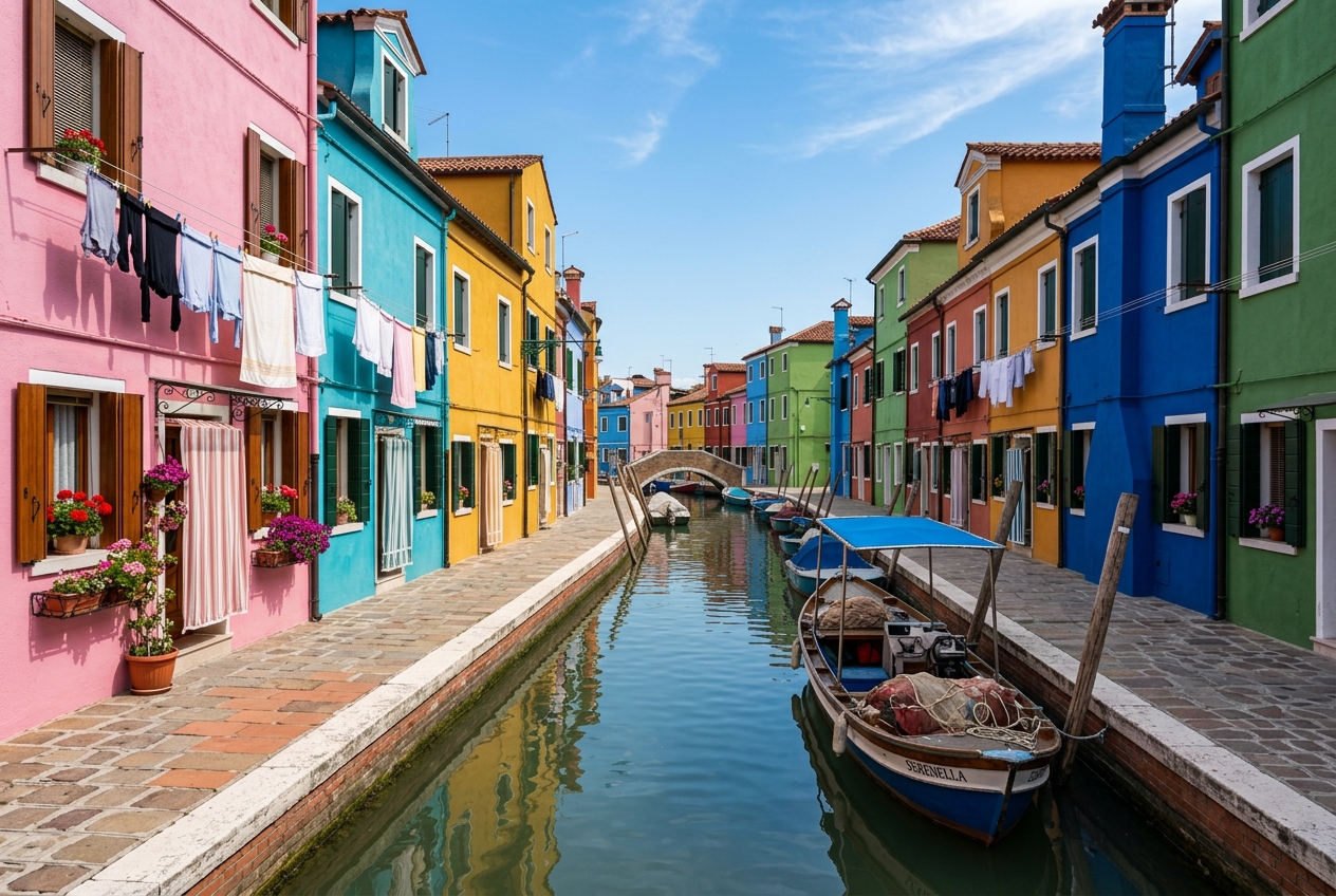 The brightly painted houses of Burano along a canal — the islands of the Venetian lagoon