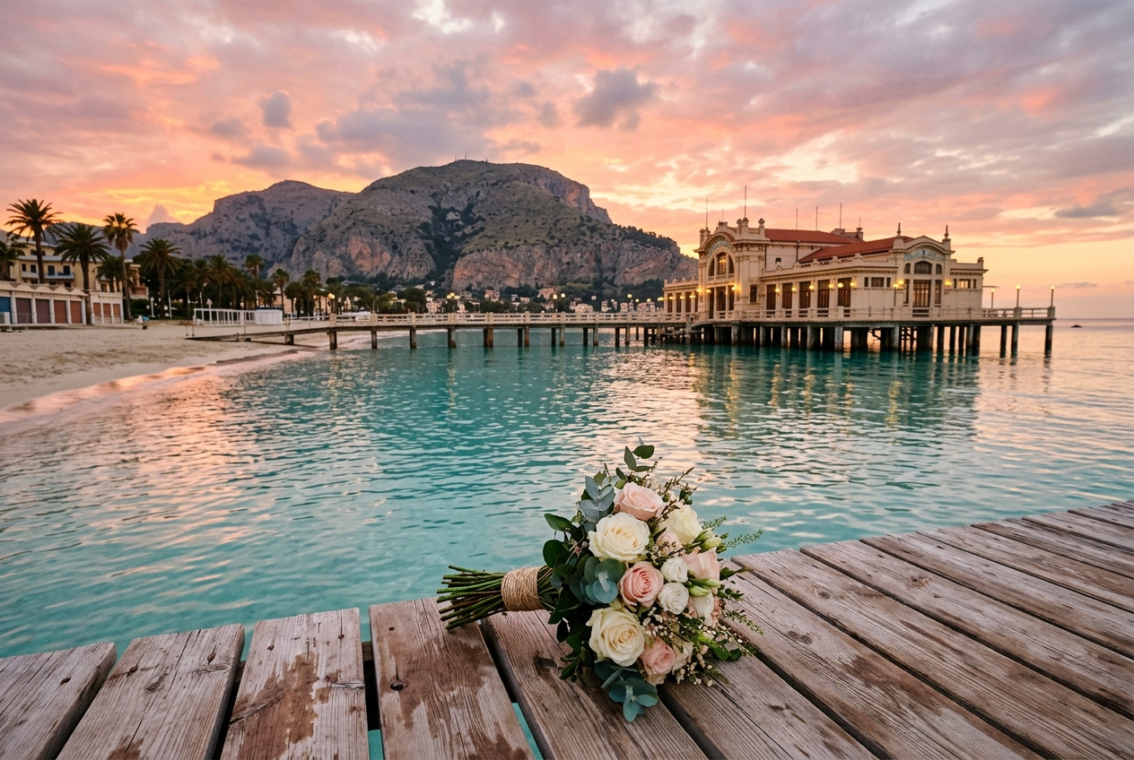 A bouquet of roses on the Mondello pier at sunset — romantic places in Palermo for a flower surprise