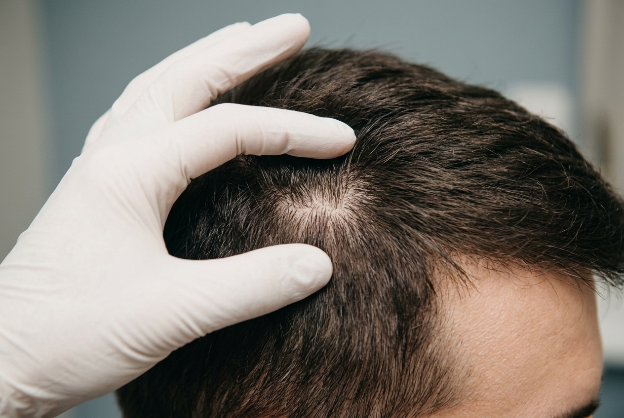 A clinician examining a patient's scalp and hairline