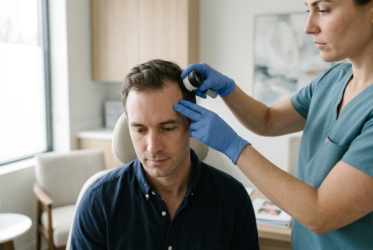 A clinician examining a patient’s hairline with a dermatoscope during a hair transplant consultation.