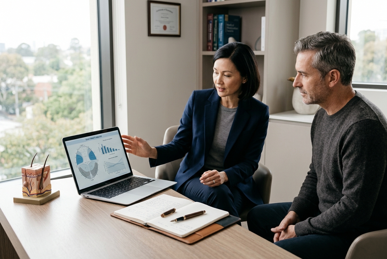 Calm hair-restoration planning consultation in a modern clinic room, with a scalp-density chart on a laptop used to discuss DHI treatment