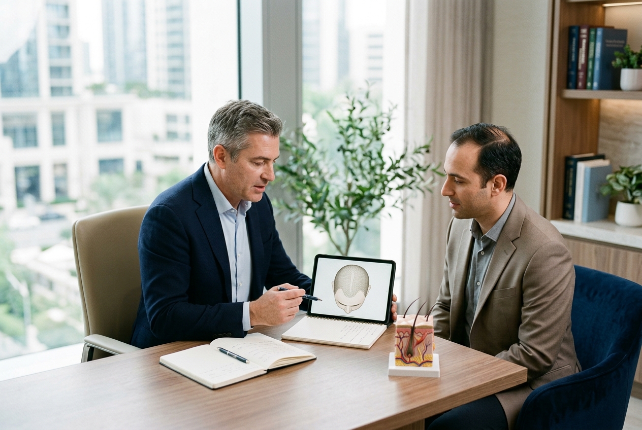 Calm hair-restoration consultation in a modern clinic room, with a scalp-mapping diagram on a tablet used to plan FUE treatment