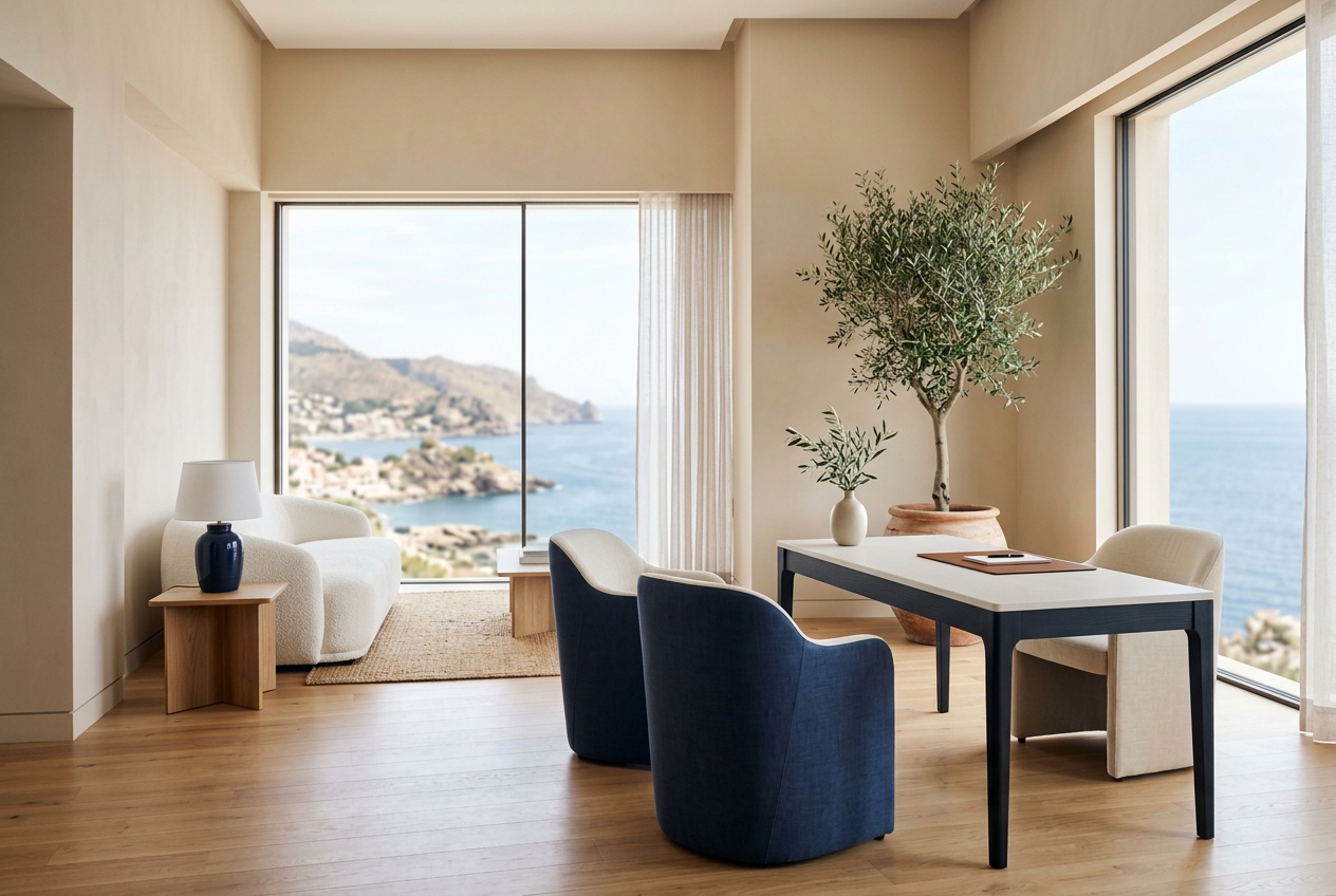 Calm, light-filled consultation lounge overlooking the Mediterranean coastline