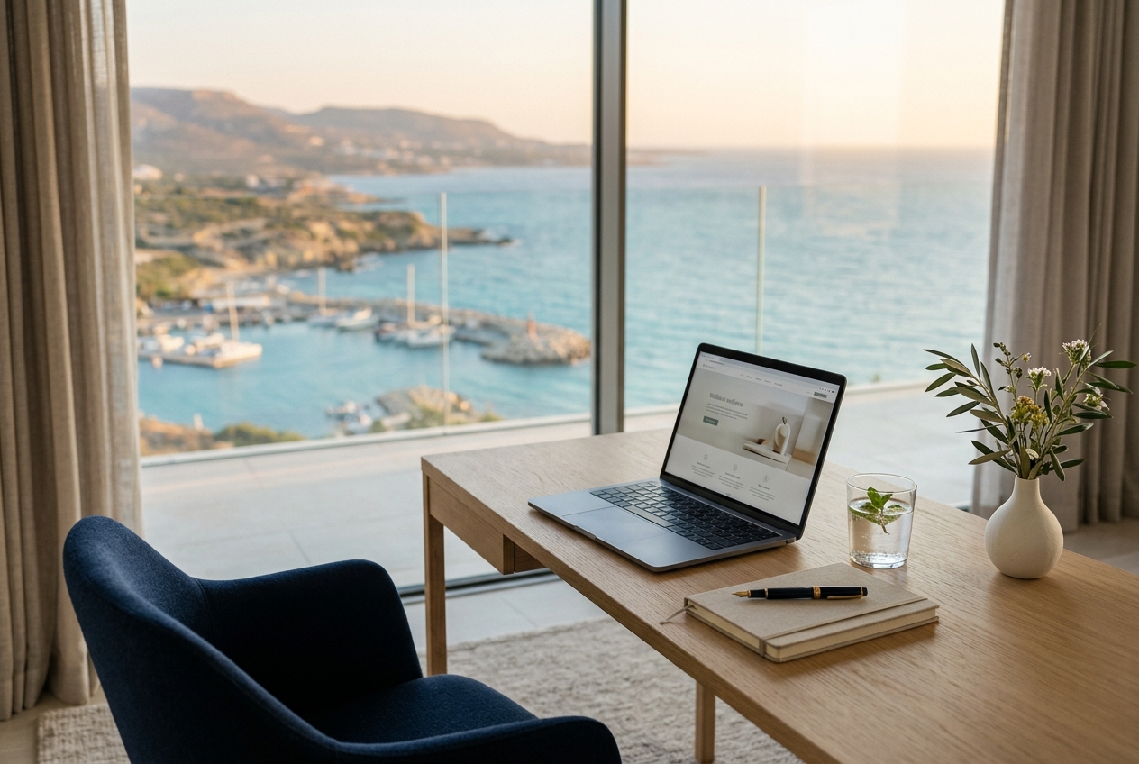Calm consultation desk beside a window overlooking the Cyprus coastline