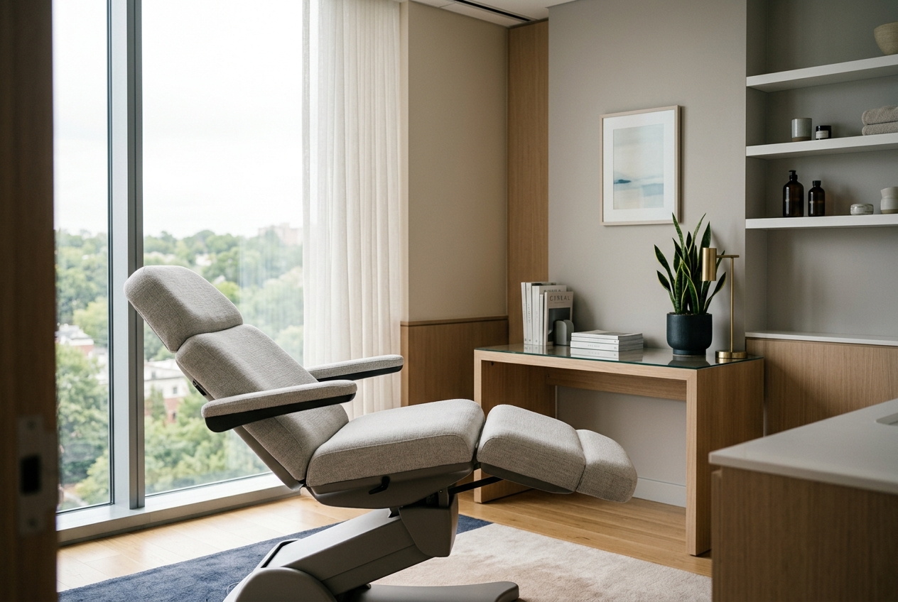 A calm, modern hair clinic treatment room
