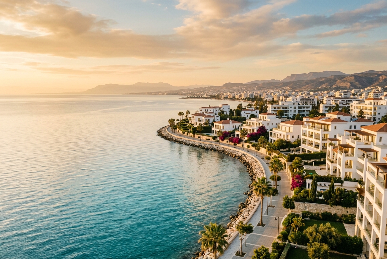 Coastal city in Cyprus at golden hour