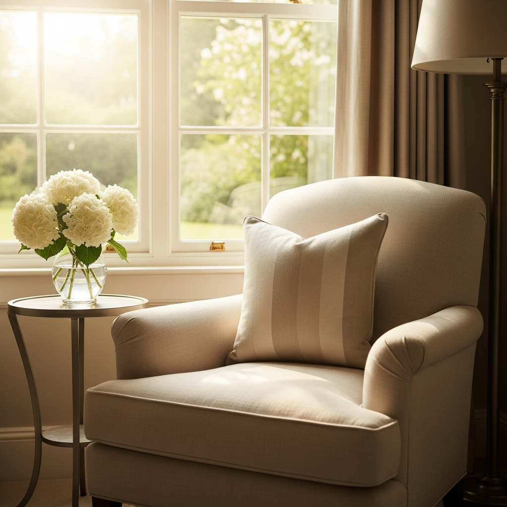 Soft morning light through an English country window