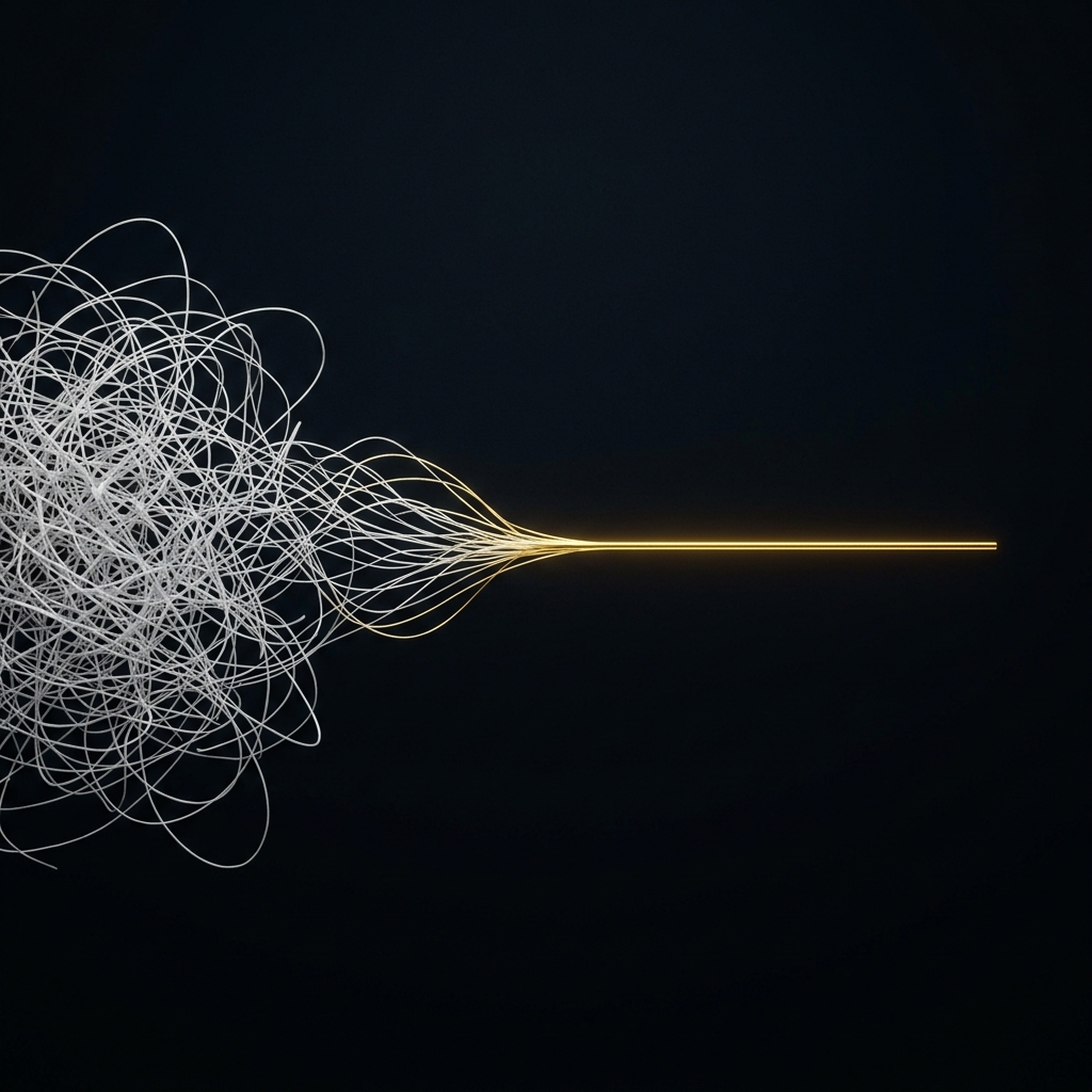 A tangled thread resolving into one clean line of gold light