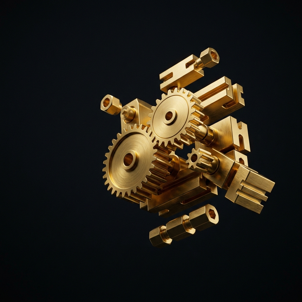 Interlocking gold gears and modular blocks slotting together