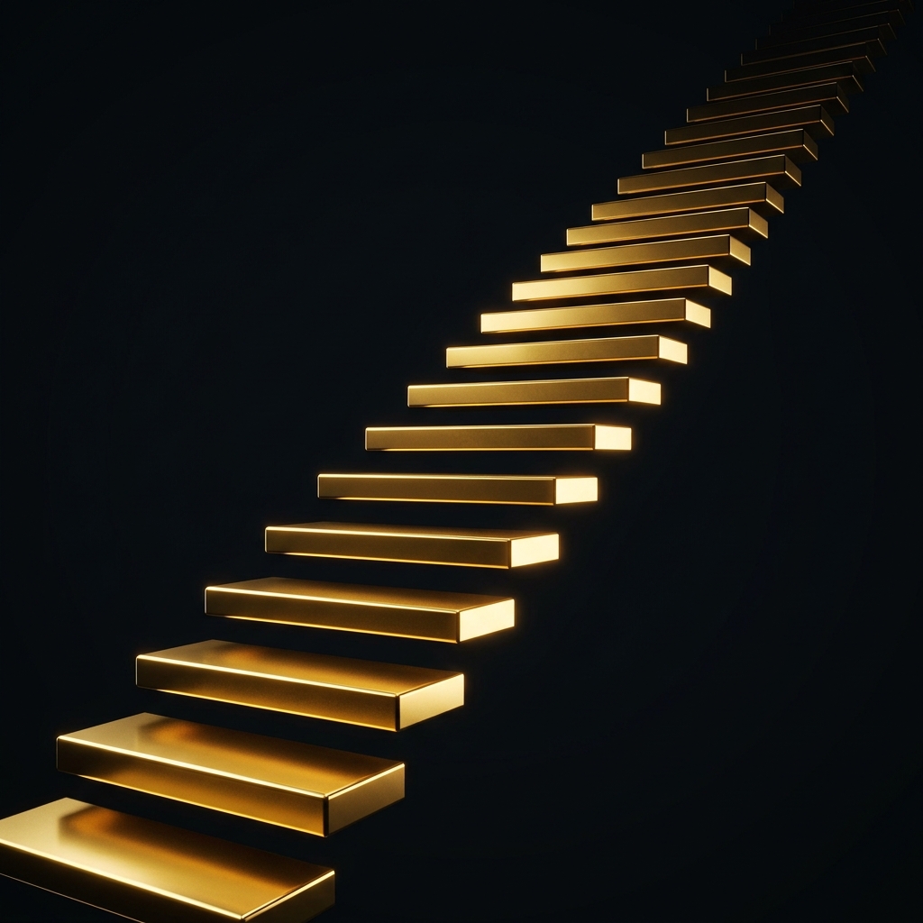 An ascending staircase of floating gold platforms