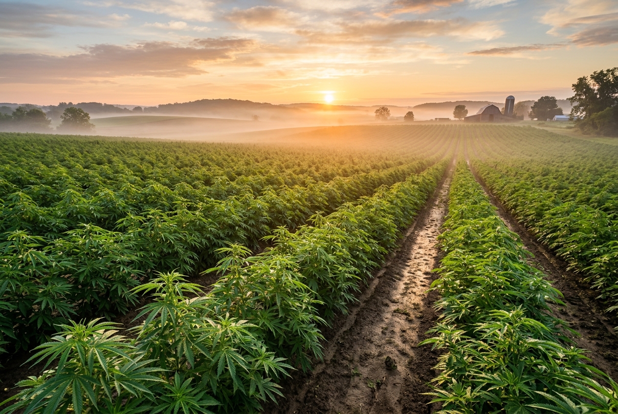 Hemp farm at sunrise